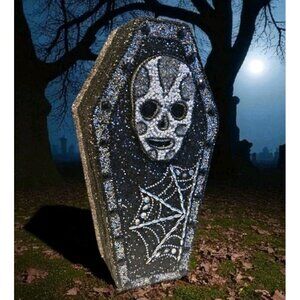 New LRG Black & White Skull Spider Web Halloween Beaded Coffin Box Storage Box